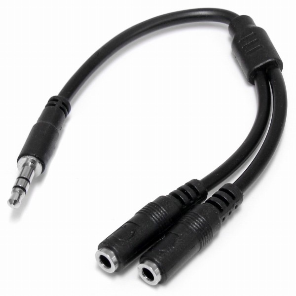 スリムステレオミニ端子オーディオスプリッター分配ケーブル3.5mm3極ステレオミニプラグ(オス)-2x3.5mm3極ステレオミニジャック(メス)ブラック