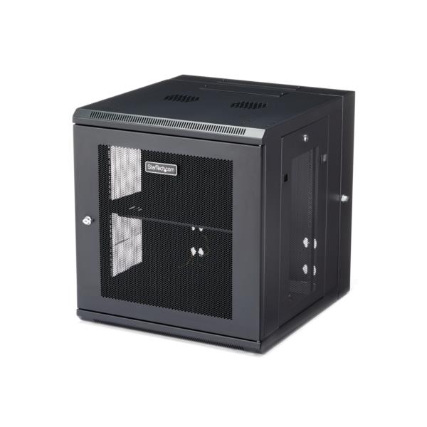 19インチサーバーラック/12U/4ポスト/壁掛けタイプ/取付奥行6cm-50cm/ロック付きラックキャビネット/通気スリット・メッシュ/180度ヒンジ