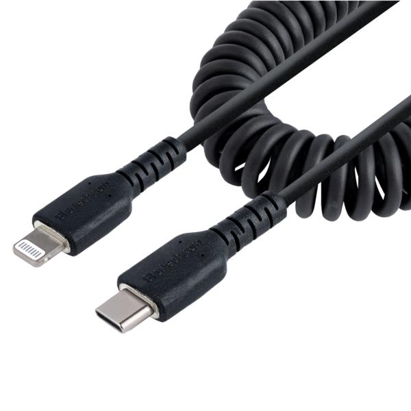 高耐久Lightning-USB-Cケーブル1mコイル(伸縮)型/ブラック/アラミド繊維補強/MFi認証/iPhone充電ケーブル/タイプC-Apple(アップル)充電ライトニングケーブル