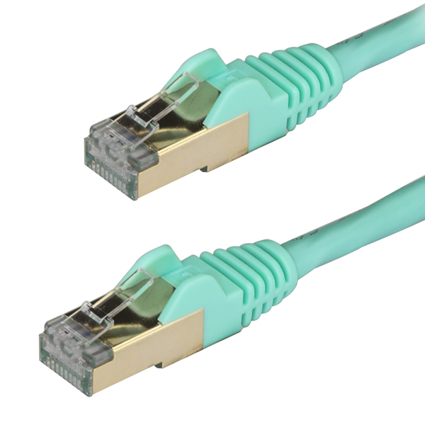 カテゴリ6A対応LANケーブル(0.5m/アクア)Cat6ASTP(シールドツイストペア)ケーブルツメ折れ防止カバー付き