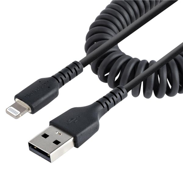 高耐久Lightning-USB-Aケーブル50cmコイル(伸縮)型/ブラック/アラミド繊維補強/MFi認証/iPhone充電ケーブル/カールコード
