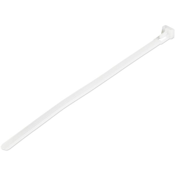 結束バンドリピートタイプ/繰り返し使えるリピートタイ/100本入りパック/ホワイト/長さ20cm/幅7mm/ケーブル束の直径50mm/引張強度22kg/屋内、屋外対応/UL94V-2規格認定品