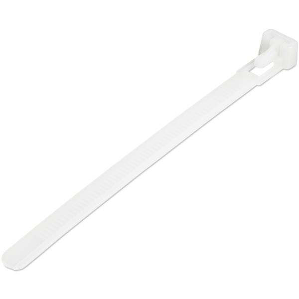 結束バンド/繰り返し使える/100本入りパック/ホワイト/長さ12.5cm/幅7mm/ケーブル束の直径30mm/引張強度22kg/屋内、屋外対応/UL94V-2規格認定品