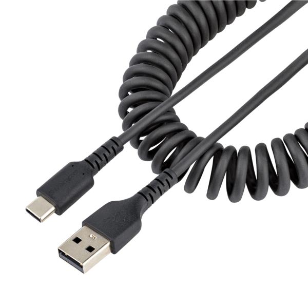 高耐久USB-A-USB-Cケーブル1mコイル(伸縮)型/アラミド繊維補強/オス-オス/USB2.0A-USBTypeCケーブル/タイプC充電カールコード