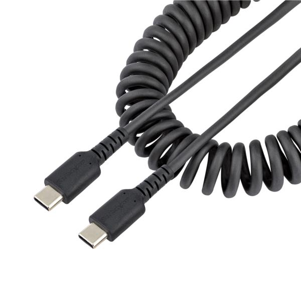 高耐久USB-Cケーブル1mコイル(伸縮)型/アラミド繊維補強/オス-オス/USB2.0A-USBTypeCケーブル/タイプC充電カールコード