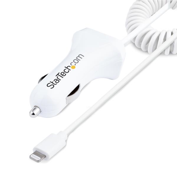 シガーソケットカーチャージャー/コイル型/Lightningケーブル/1m/1xUSB-Aポート/12W/ホワイト