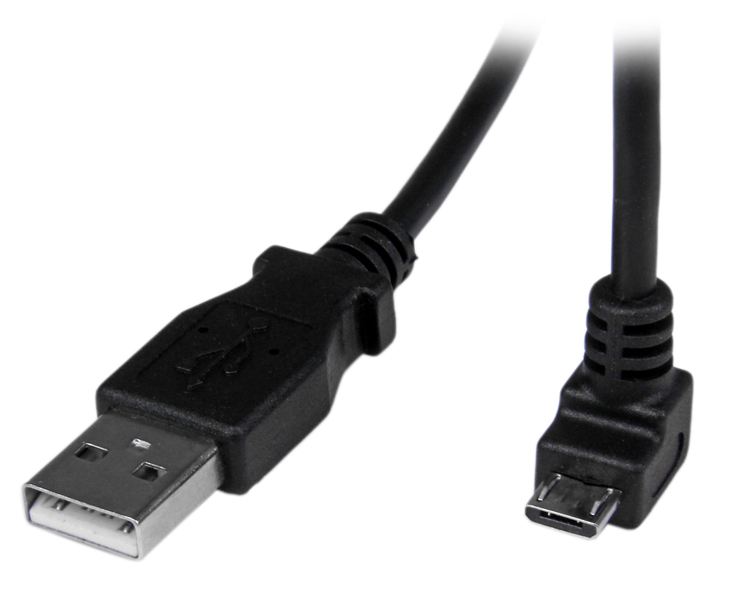 USB 2.0 - マイクロUSBケーブル/2m/L型下向きMicro-B/オス-オス/データ転送・同期用