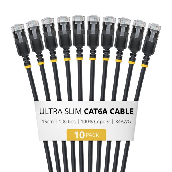 CAT6A LANケーブル/超スリム/15cm/10本入/ブラック/ツメ折れ防止/FTP/超極細 イーサネットケーブル