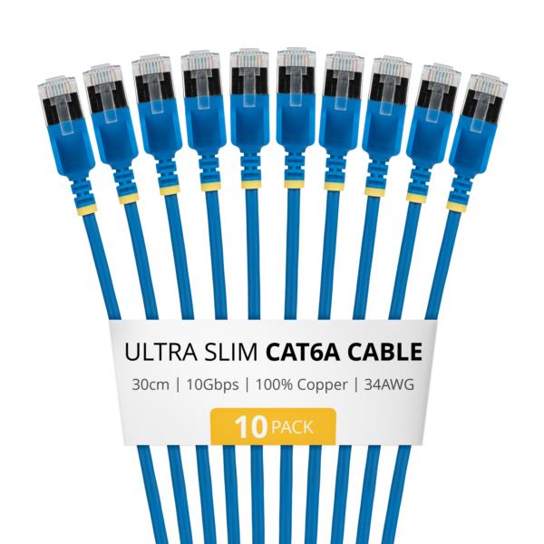 CAT6A LANケーブル/極細/30cm/10本セット/ブルー/FTPシールド/34AWG/純銅導体/スナッグレス