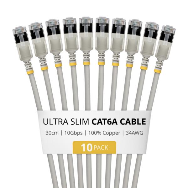 CAT6A LANケーブル/超スリム/30cm/10本入/グレー/ツメ折れ防止/FTP/超極細 イーサネットケーブル