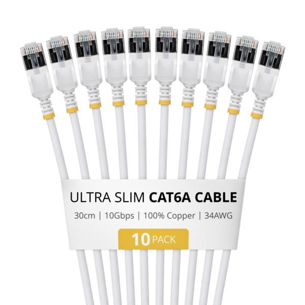 CAT6A LANケーブル/超スリム/30cm/10本入/ホワイト/ツメ折れ防止/FTP/超極細 イーサネットケーブル