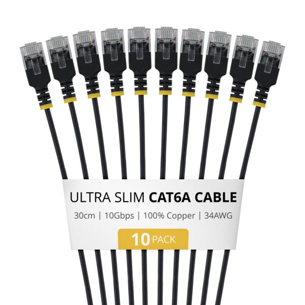 CAT6A LANケーブル/超スリム/30cm/10本セット/ブラック/UTP/34AWG/純銅導体/個別試験済