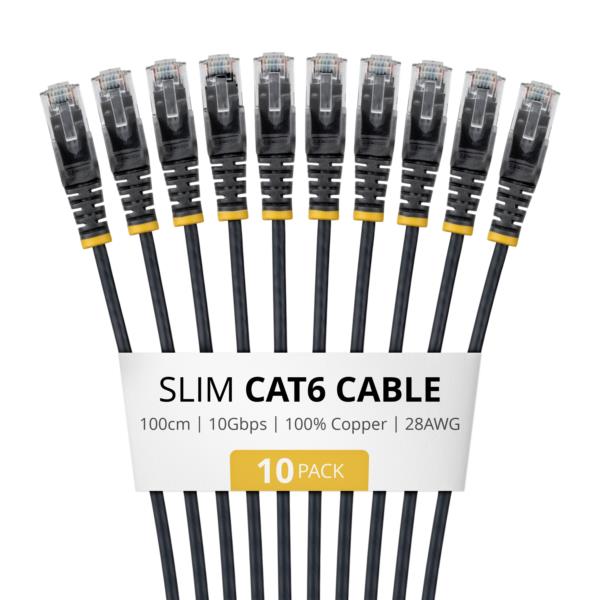 CAT6スリムLANケーブル/10本セット/1m/ブラック/RJ45/100W PoE/UTP/LSZH/カテゴリ6