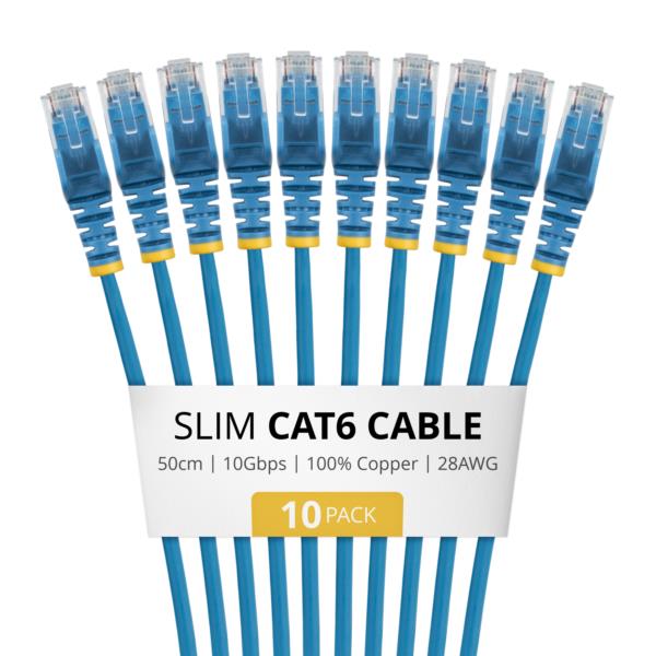 CAT6スリムLANケーブル/10本セット/50cm/ブルー/RJ45/100W PoE/UTP/LSZH/カテゴリ6