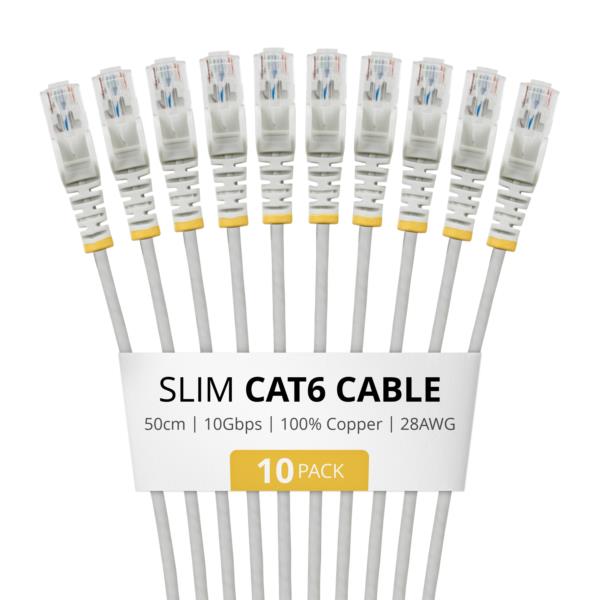 CAT6スリムLANケーブル/10本セット/50cm/グレー/RJ45/100W PoE/UTP/LSZH/カテゴリ6