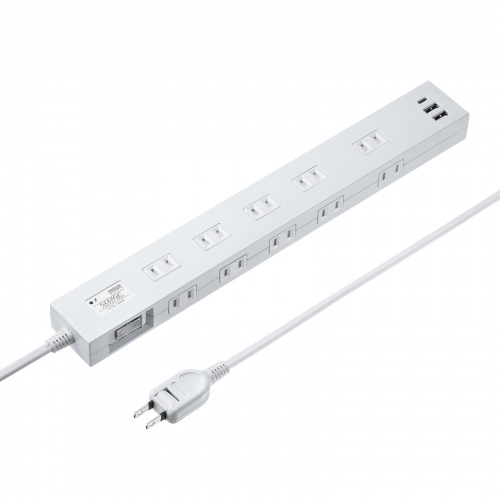 雷タップ 10個口＋USB-A＋Type-C（PD20W）ホワイト・2m