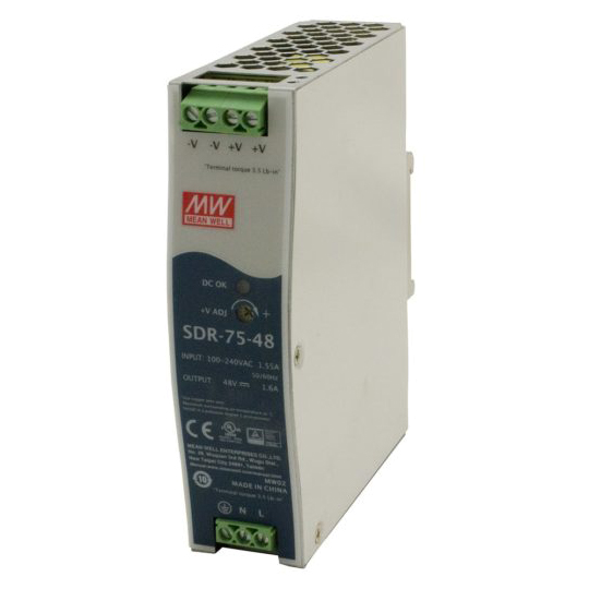 産業用電源 （出力電圧DC48～55V、入力範囲AC88～132V、最大電力75W）、動作温度-30℃～+70℃